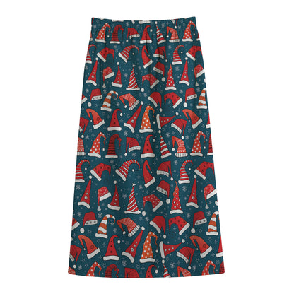 Christmas Santa Hats Pattern Print Cotton Front Slit Maxi Skirt