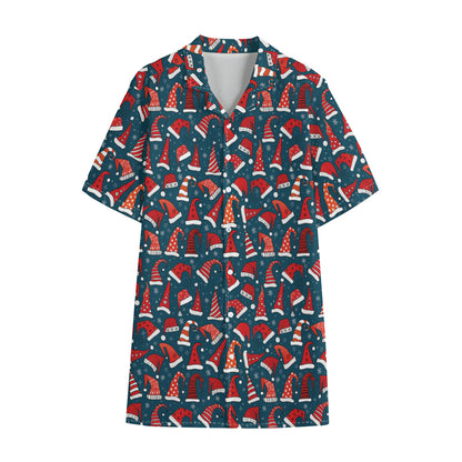 Christmas Santa Hats Pattern Print Cotton Hawaiian Shirt