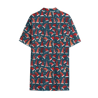 Christmas Santa Hats Pattern Print Cotton Hawaiian Shirt
