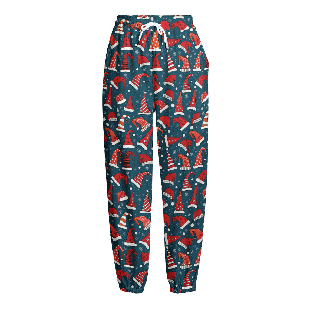 Christmas Santa Hats Pattern Print Fleece Lined Knit Pants