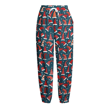 Christmas Santa Hats Pattern Print Fleece Lined Knit Pants