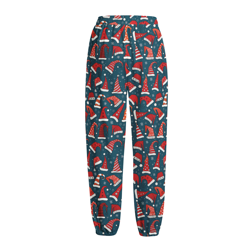 Christmas Santa Hats Pattern Print Fleece Lined Knit Pants