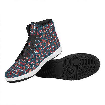 Christmas Santa Hats Pattern Print High Top Leather Sneakers
