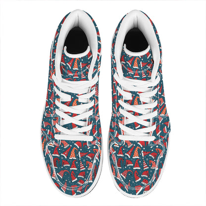 Christmas Santa Hats Pattern Print High Top Leather Sneakers