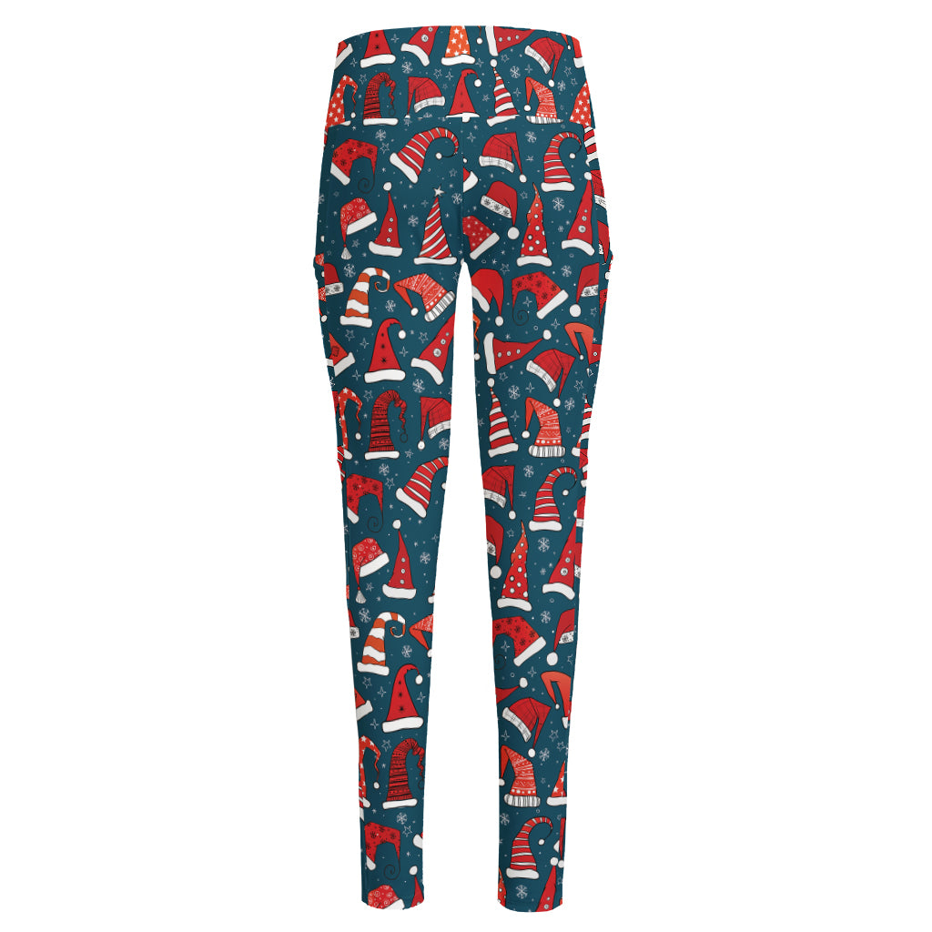 Christmas Santa Hats Pattern Print High-Waisted Pocket Leggings