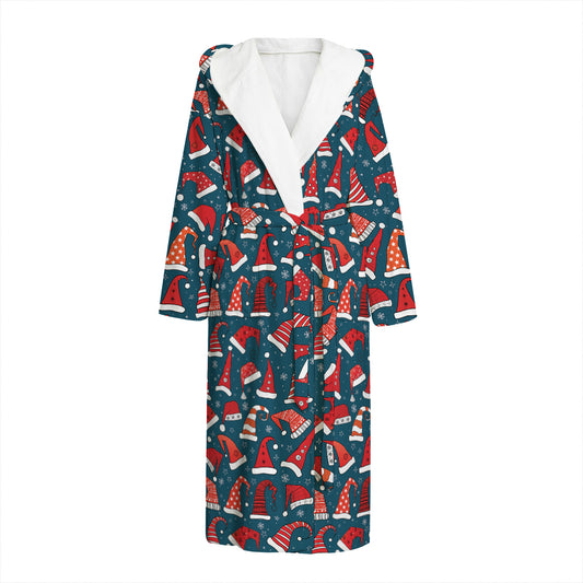 Christmas Santa Hats Pattern Print Hooded Bathrobe