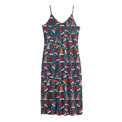 Christmas Santa Hats Pattern Print Jersey Midi Cami Dress