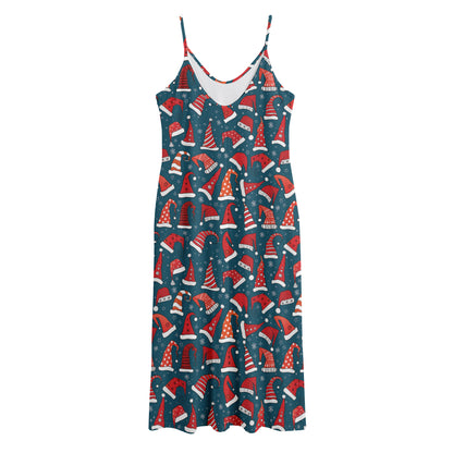 Christmas Santa Hats Pattern Print Jersey Midi Cami Dress