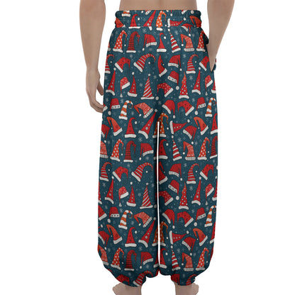 Christmas Santa Hats Pattern Print Lantern Pants