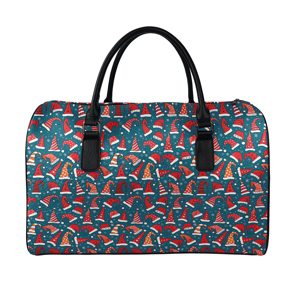 Christmas Santa Hats Pattern Print Leather Duffle Bag