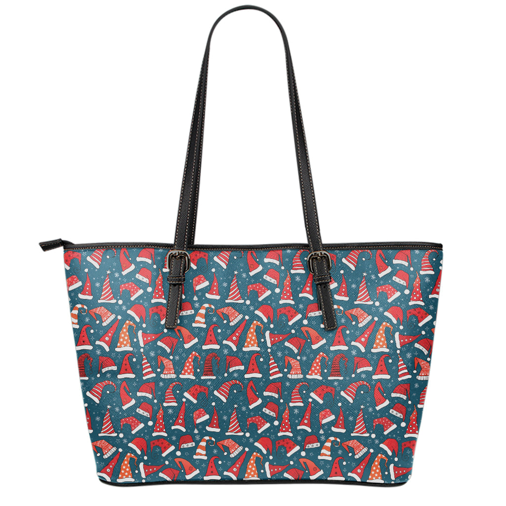 Christmas Santa Hats Pattern Print Leather Tote Bag