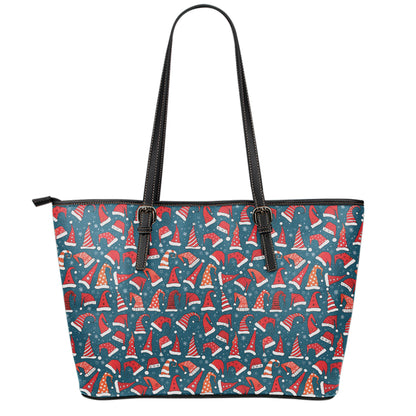 Christmas Santa Hats Pattern Print Leather Tote Bag