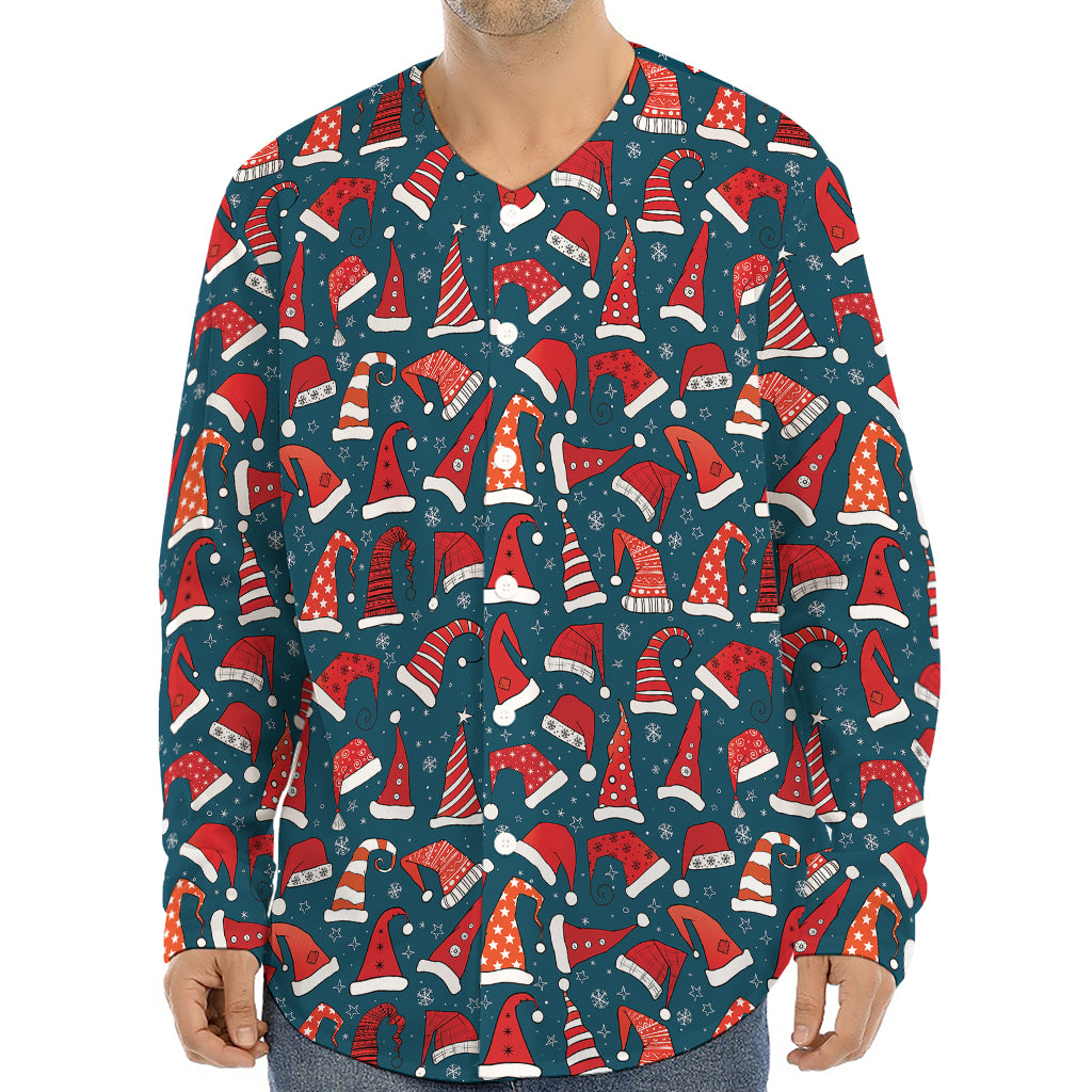 Christmas Santa Hats Pattern Print Long Sleeve Baseball Jersey