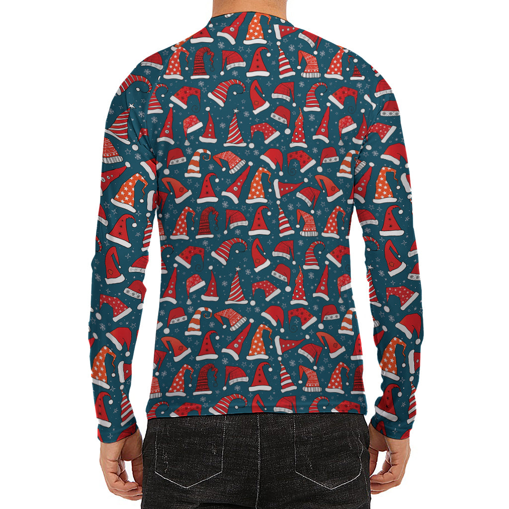 Christmas Santa Hats Pattern Print Men's Long Sleeve Rash Guard