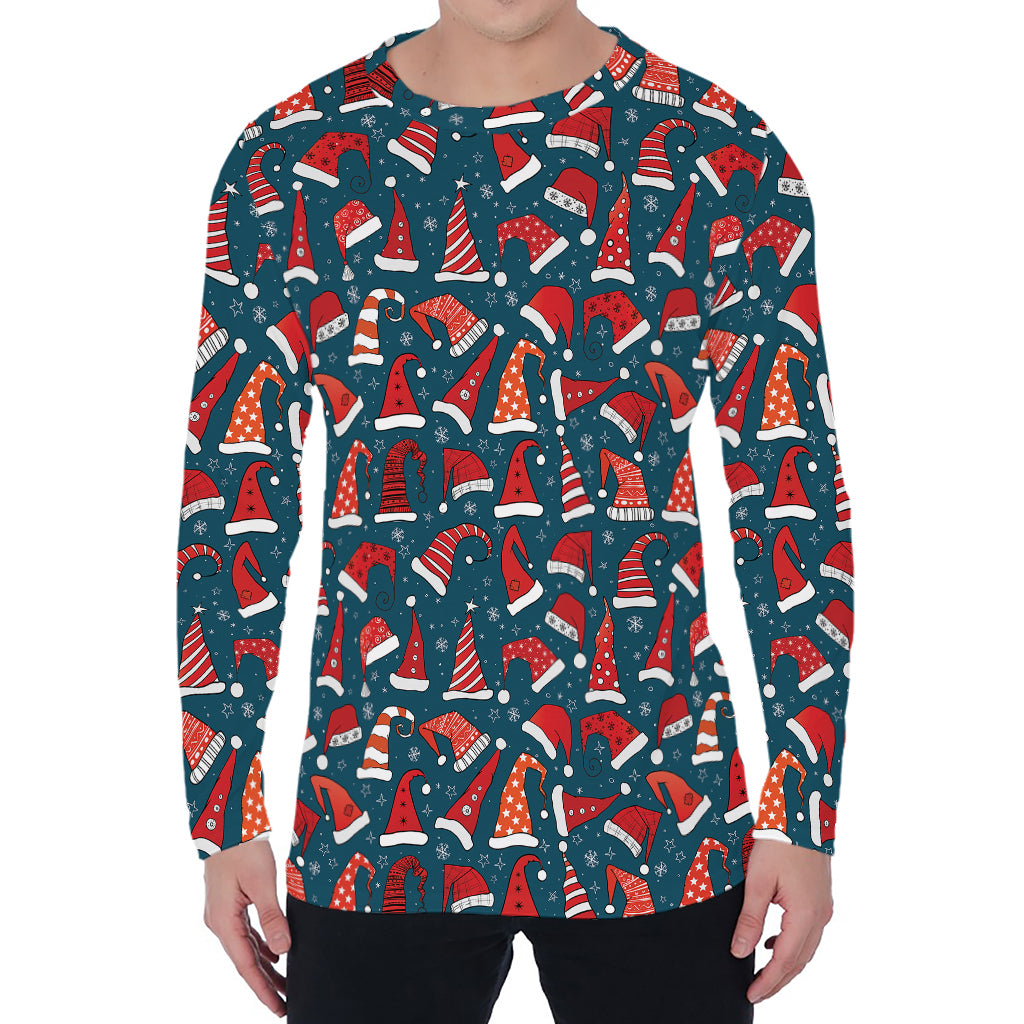 Christmas Santa Hats Pattern Print Men's Long Sleeve T-Shirt