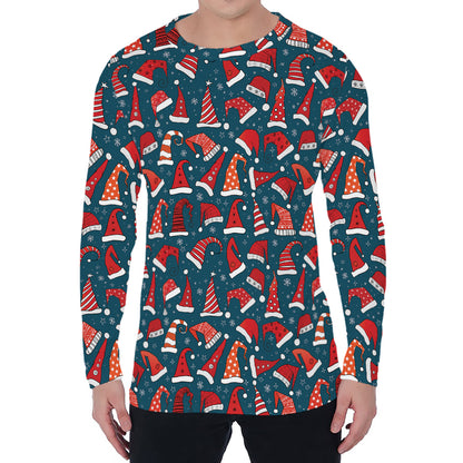 Christmas Santa Hats Pattern Print Men's Long Sleeve T-Shirt