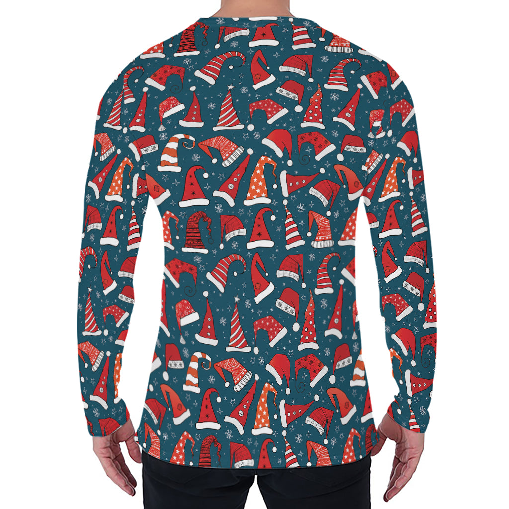 Christmas Santa Hats Pattern Print Men's Long Sleeve T-Shirt