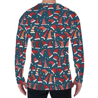 Christmas Santa Hats Pattern Print Men's Long Sleeve T-Shirt