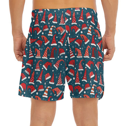 Christmas Santa Hats Pattern Print Men's Split Running Shorts