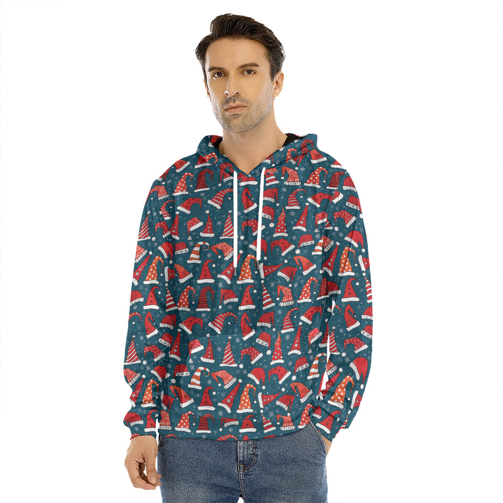 Christmas Santa Hats Pattern Print Men's Velvet Pullover Hoodie