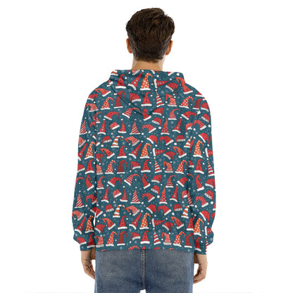 Christmas Santa Hats Pattern Print Men's Velvet Pullover Hoodie