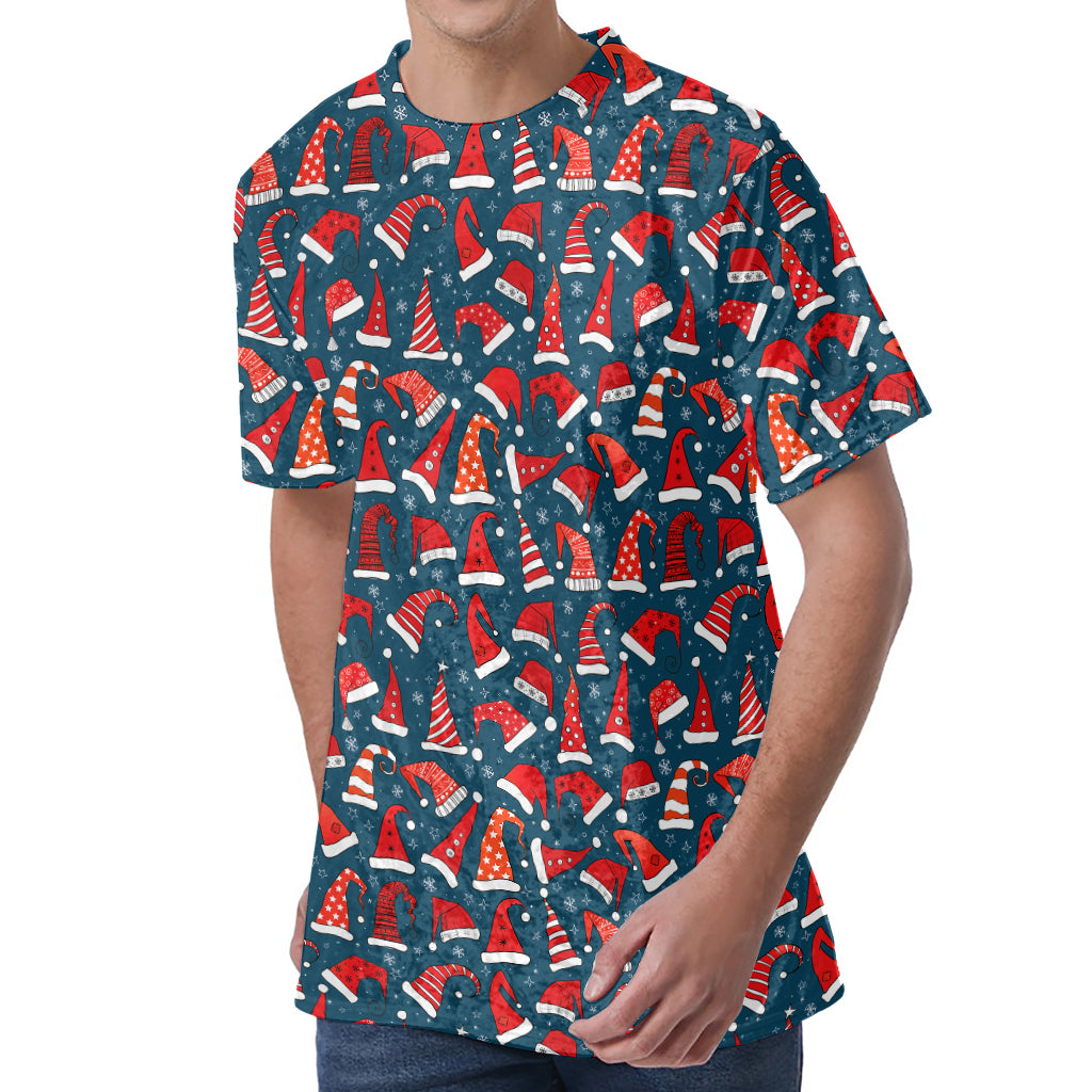 Christmas Santa Hats Pattern Print Men's Velvet T-Shirt