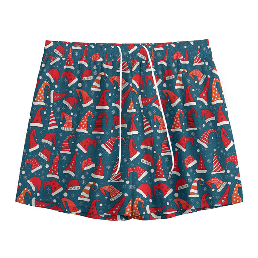 Christmas Santa Hats Pattern Print Mesh Shorts