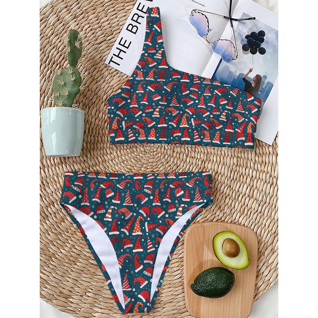 Christmas Santa Hats Pattern Print One Shoulder Bikini Top