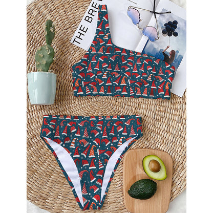 Christmas Santa Hats Pattern Print One Shoulder Bikini Top