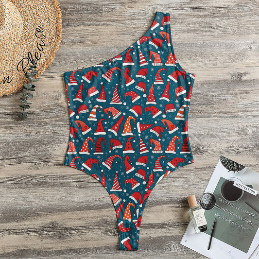 Christmas Santa Hats Pattern Print One Shoulder Bodysuit