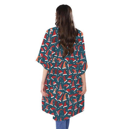 Christmas Santa Hats Pattern Print Open Front Beach Cover Up