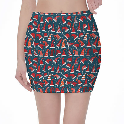 Christmas Santa Hats Pattern Print Pencil Mini Skirt