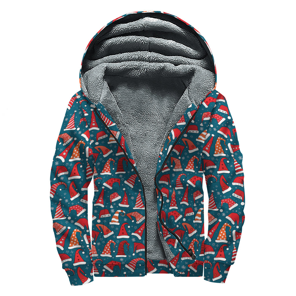 Christmas Santa Hats Pattern Print Sherpa Lined Zip Up Hoodie
