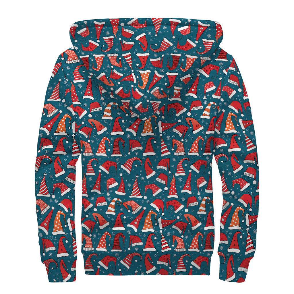 Christmas Santa Hats Pattern Print Sherpa Lined Zip Up Hoodie