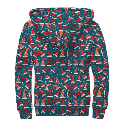 Christmas Santa Hats Pattern Print Sherpa Lined Zip Up Hoodie
