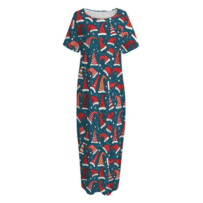 Christmas Santa Hats Pattern Print Short Sleeve Long Nightdress