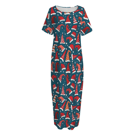 Christmas Santa Hats Pattern Print Short Sleeve Long Nightdress