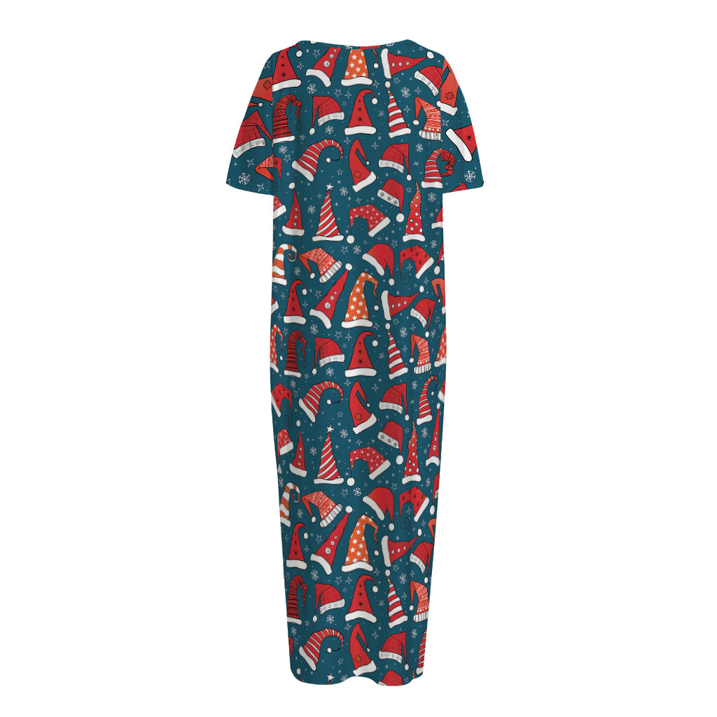 Christmas Santa Hats Pattern Print Short Sleeve Long Nightdress