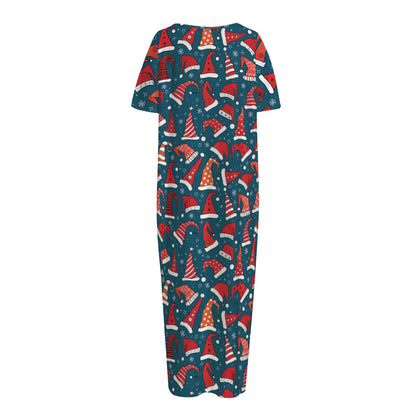 Christmas Santa Hats Pattern Print Short Sleeve Long Nightdress