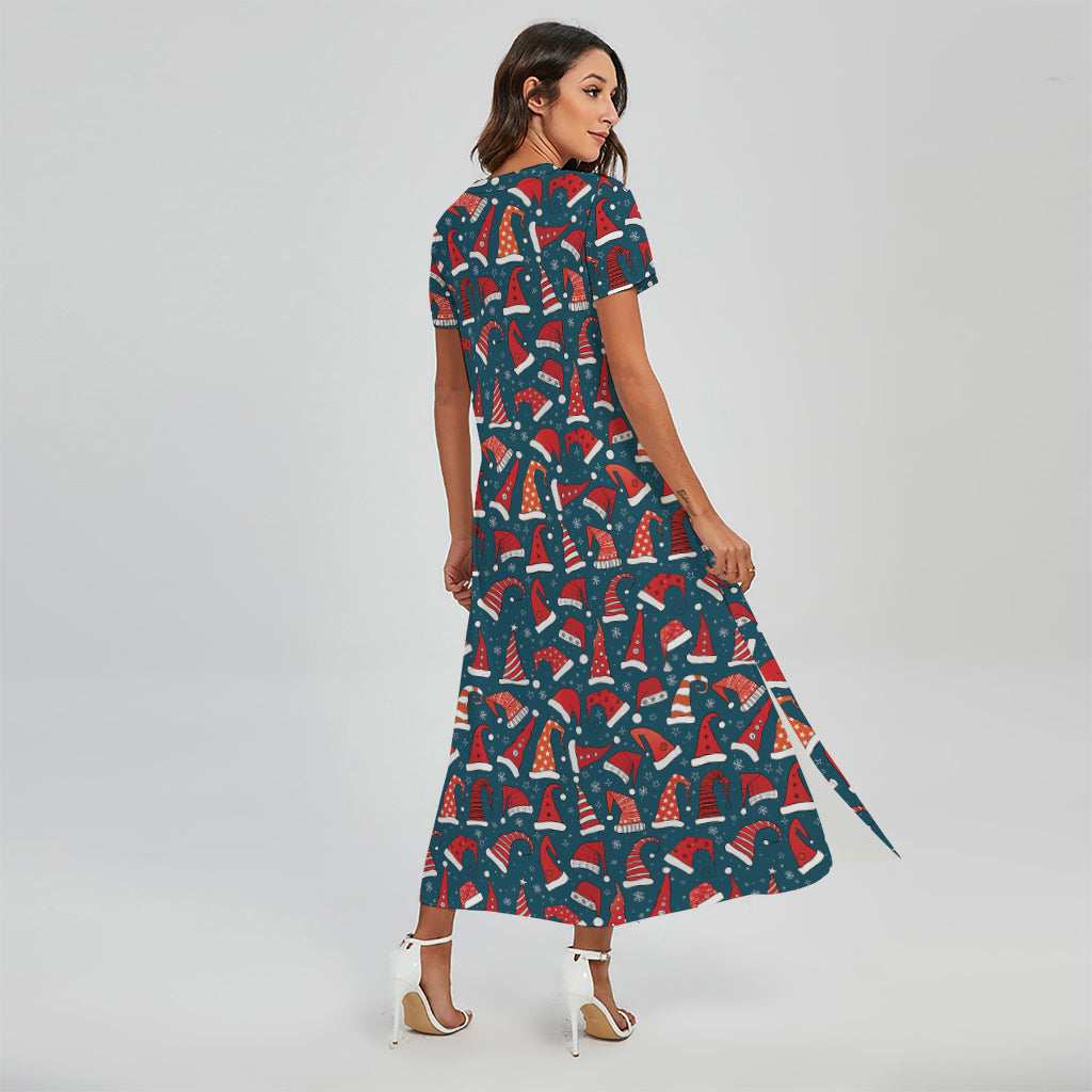 Christmas Santa Hats Pattern Print Short Sleeve Maxi Dress