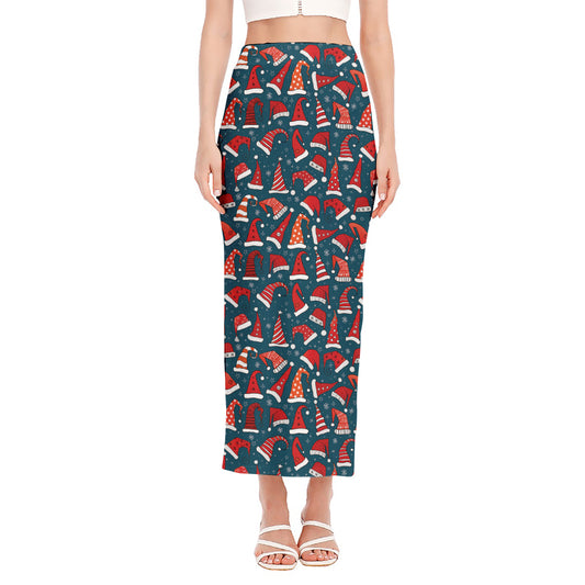 Christmas Santa Hats Pattern Print Side Slit Maxi Skirt