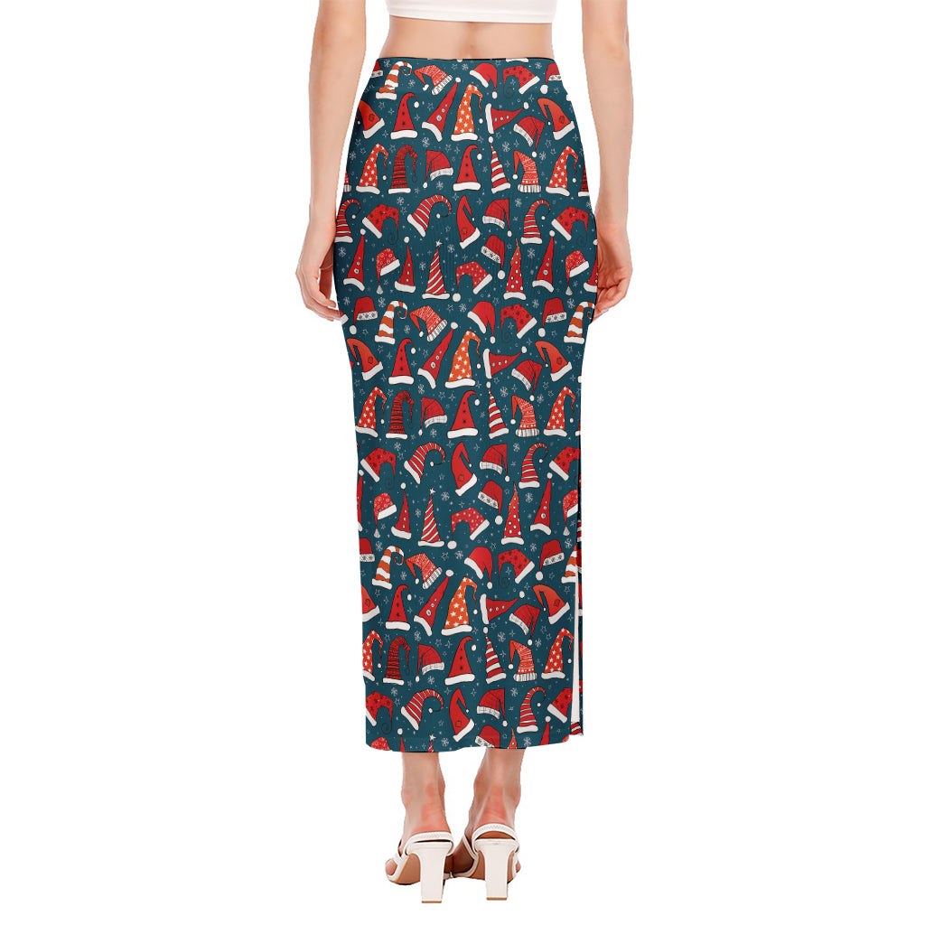 Christmas Santa Hats Pattern Print Side Slit Maxi Skirt