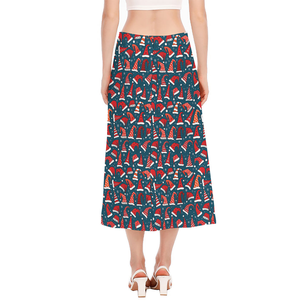Christmas Santa Hats Pattern Print Side Slit Midi Skirt