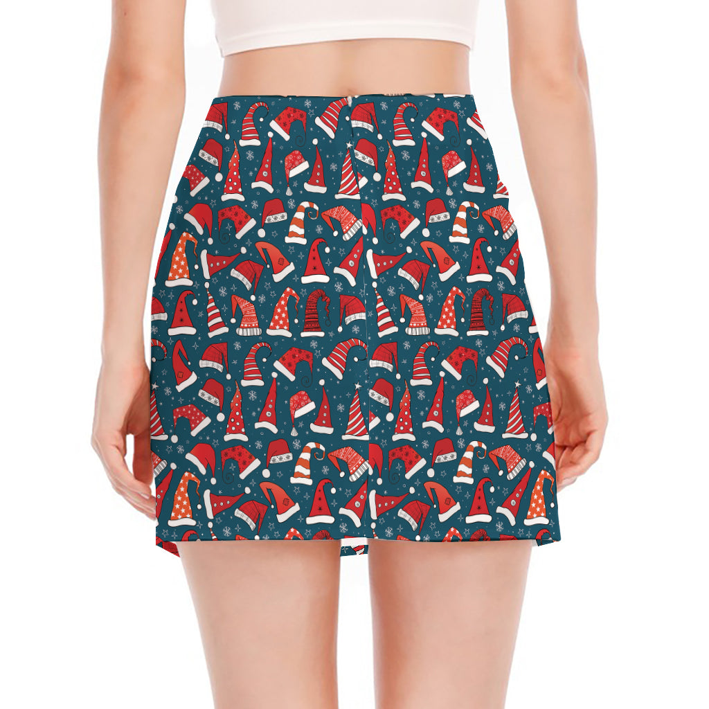 Christmas Santa Hats Pattern Print Side Slit Mini Skirt