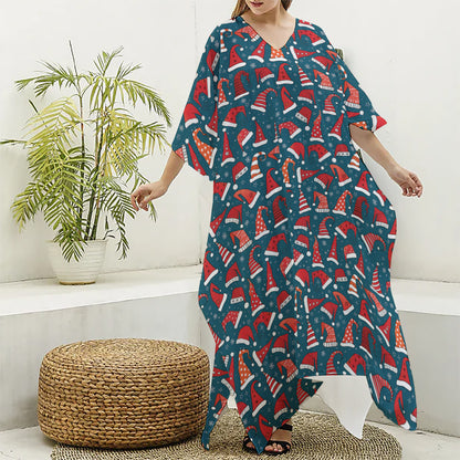 Christmas Santa Hats Pattern Print Silk V-Neck Kaftan Dress