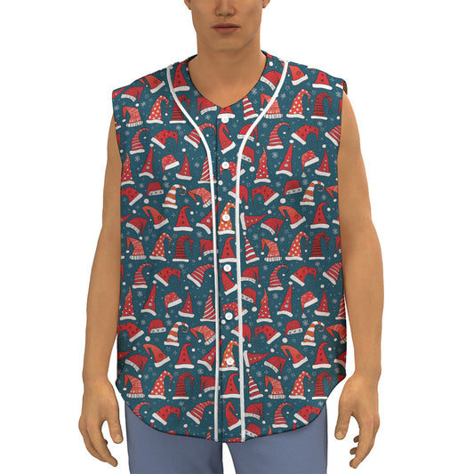 Christmas Santa Hats Pattern Print Sleeveless Baseball Jersey