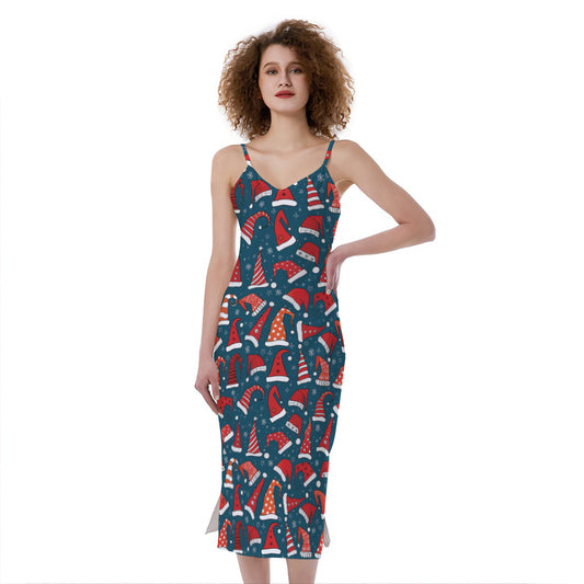 Christmas Santa Hats Pattern Print Slim Fit Midi Cami Dress