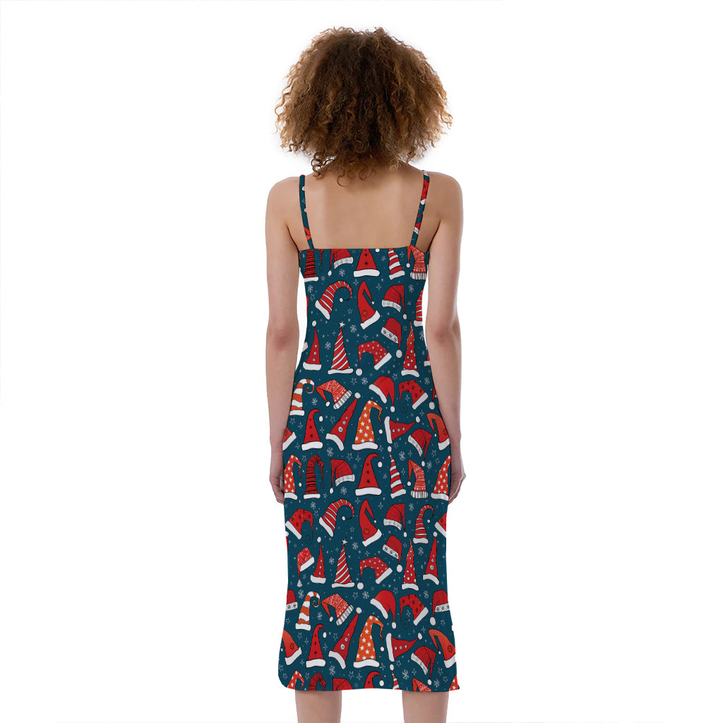 Christmas Santa Hats Pattern Print Slim Fit Midi Cami Dress