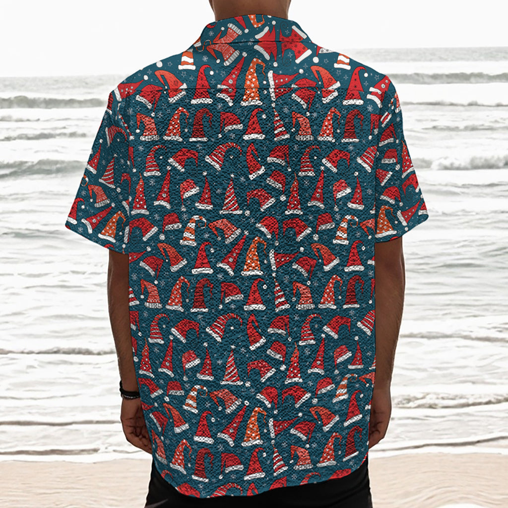Christmas Santa Hats Pattern Print Textured Short Sleeve Shirt