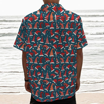 Christmas Santa Hats Pattern Print Textured Short Sleeve Shirt
